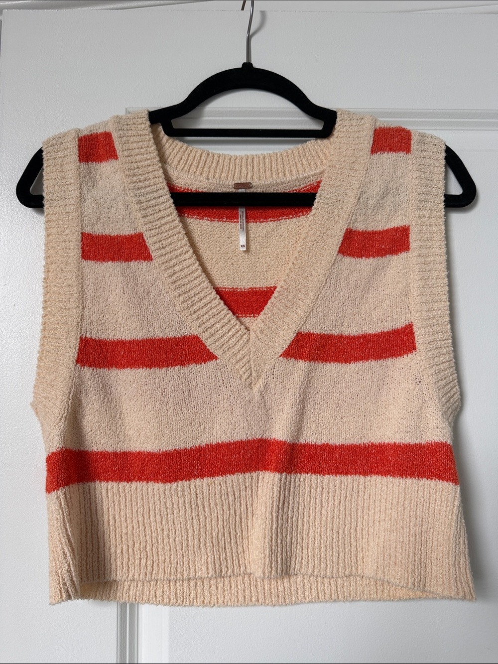 Free People Cream V-Neck Sweater Vest with Red Stripes